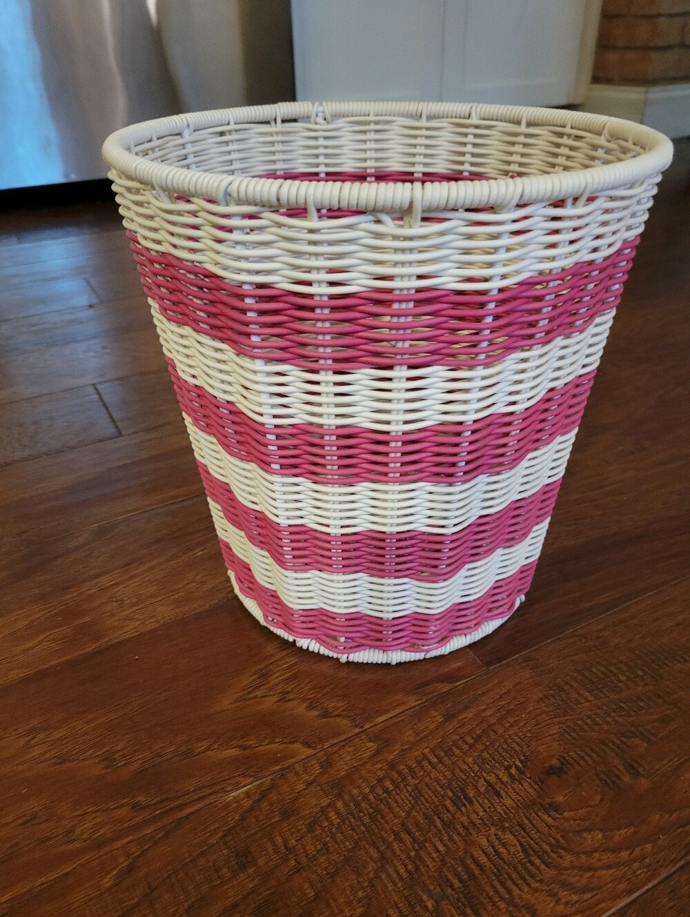 Pink and White Woven Waste Basket